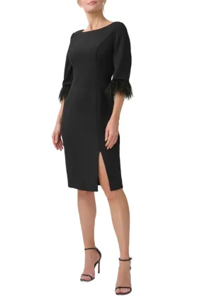 Adrianna Papell Day Boat Neck 3/4 Sleeve Feather Trim Embellishment Back Zipper Midi Dress