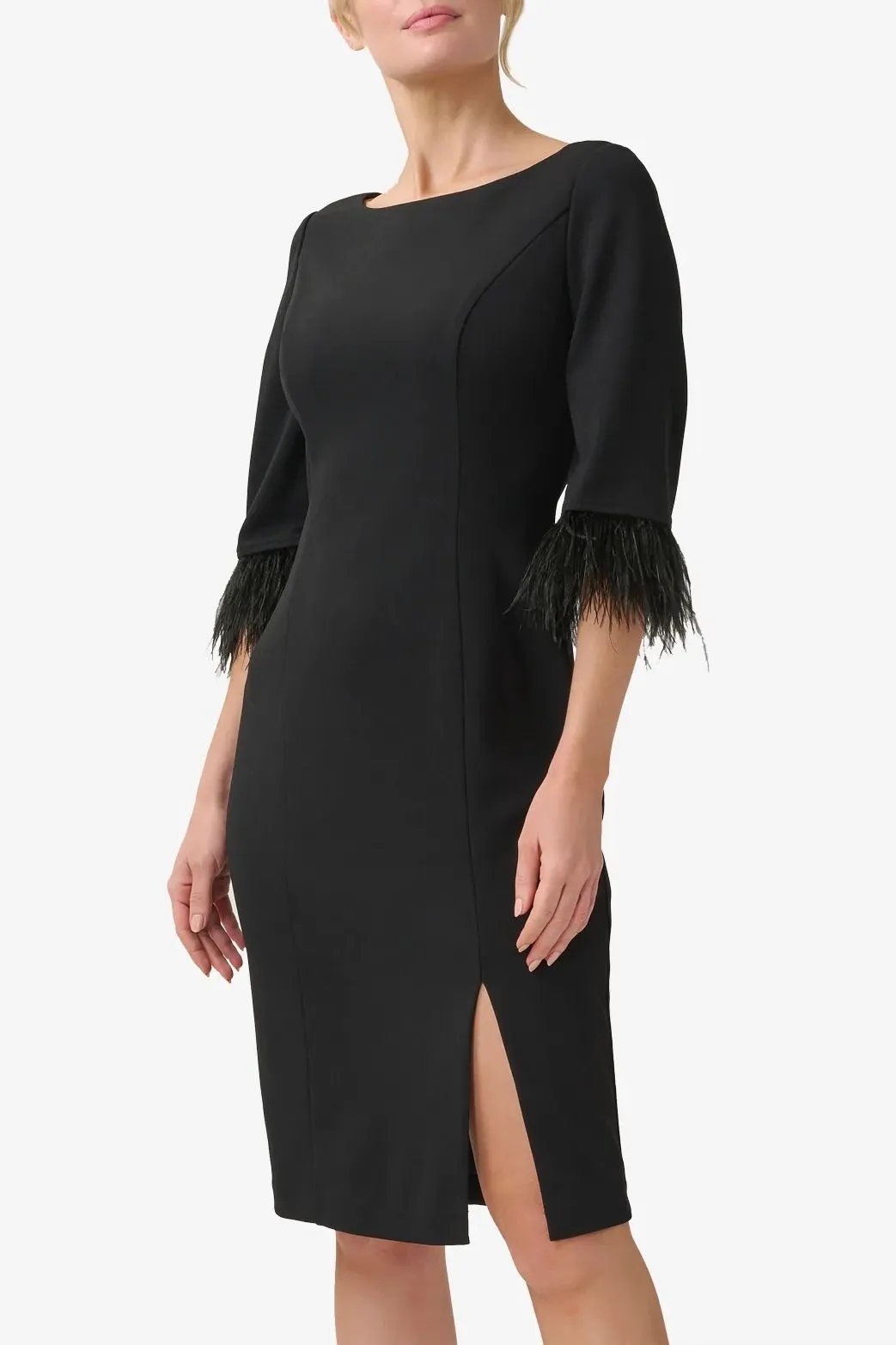 Adrianna Papell Day Boat Neck 3/4 Sleeve Feather Trim Embellishment Back Zipper Midi Dress