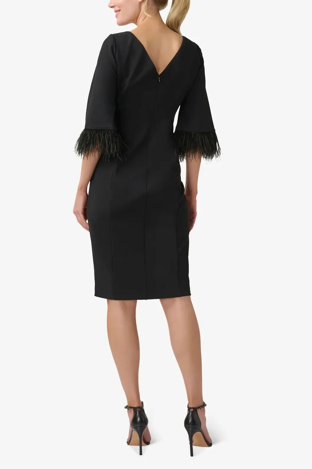 Adrianna Papell Day Boat Neck 3/4 Sleeve Feather Trim Embellishment Back Zipper Midi Dress