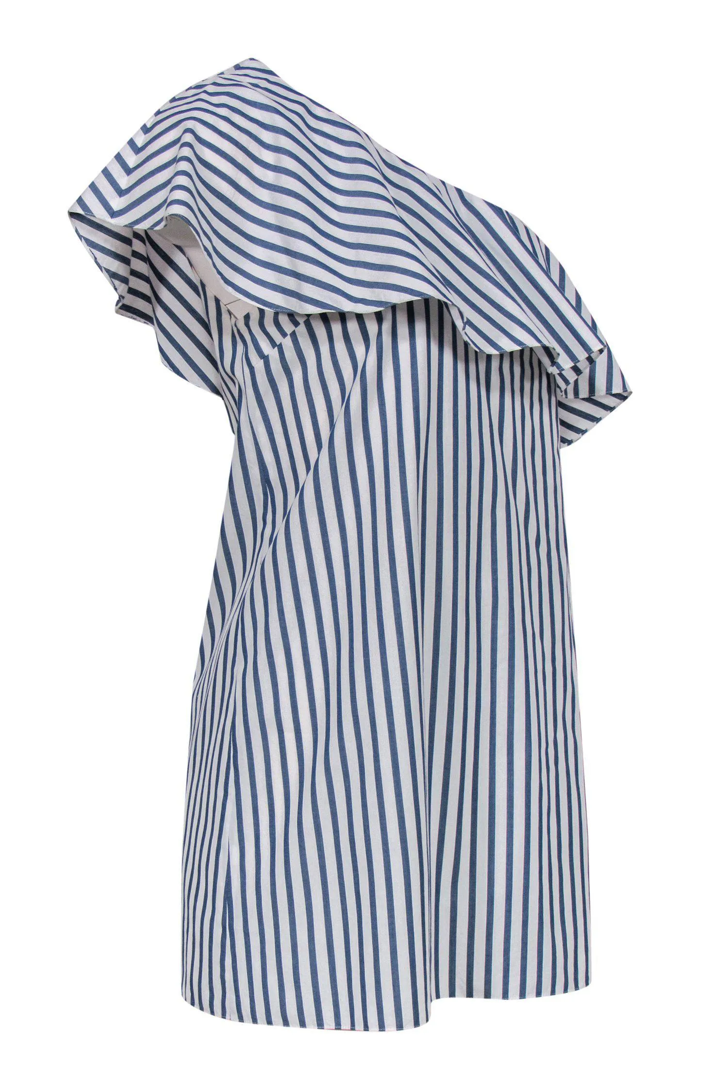 Alice & Olivia - Blue & White Striped Ruffle Sleeveless One Shoulder Shift Dress Sz M