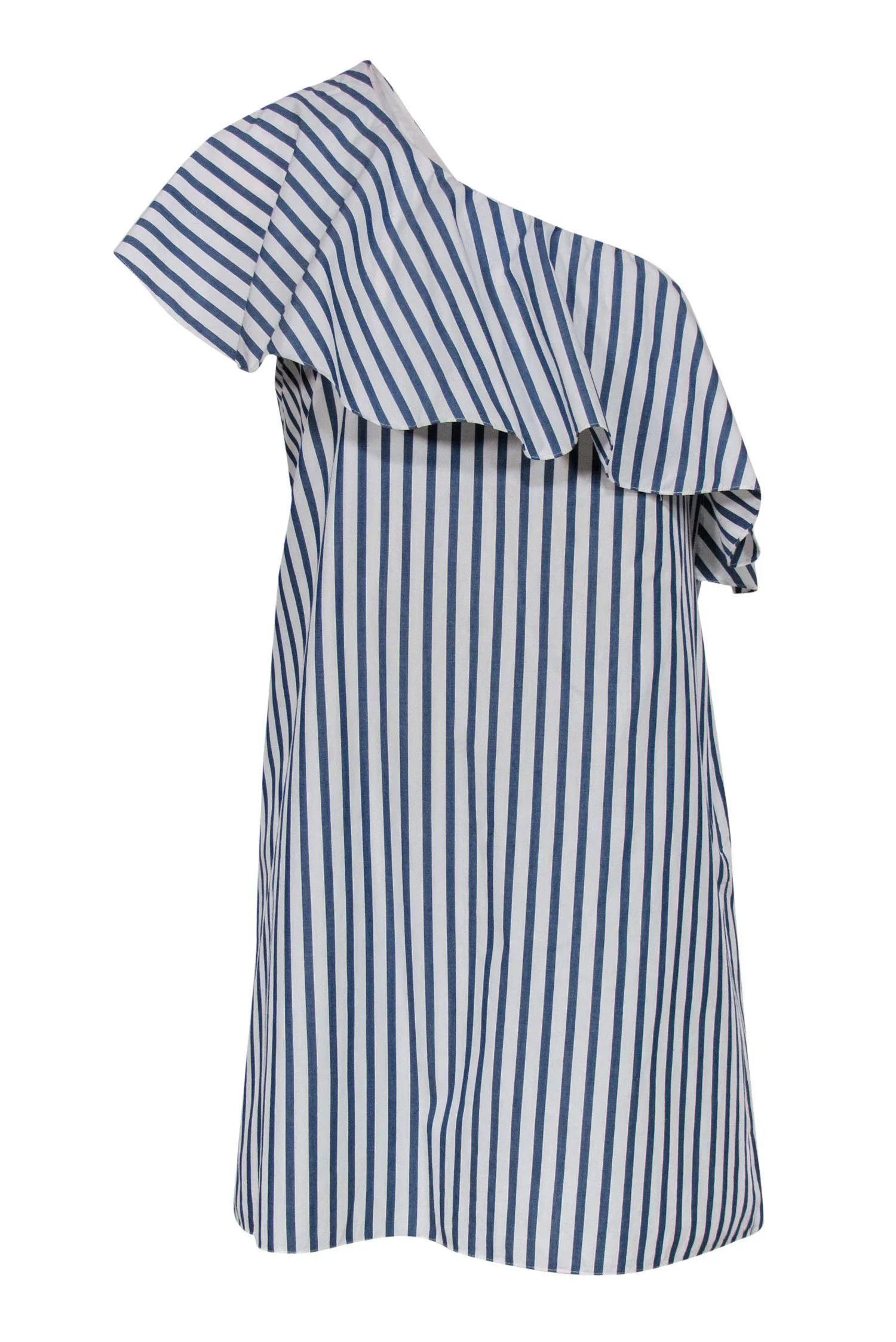 Alice & Olivia - Blue & White Striped Ruffle Sleeveless One Shoulder Shift Dress Sz M