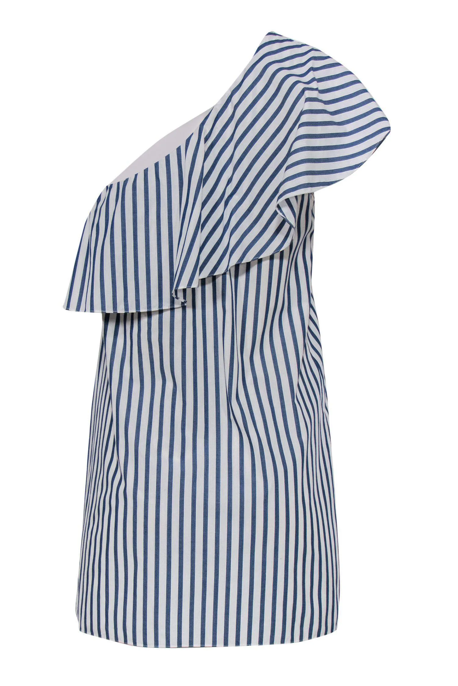 Alice & Olivia - Blue & White Striped Ruffle Sleeveless One Shoulder Shift Dress Sz M