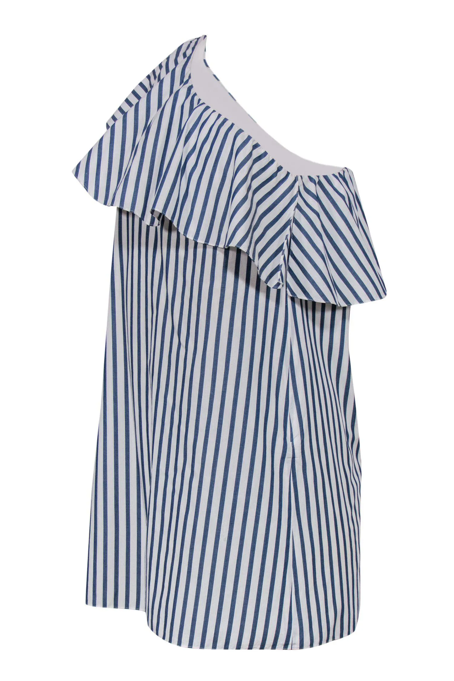 Alice & Olivia - Blue & White Striped Ruffle Sleeveless One Shoulder Shift Dress Sz M