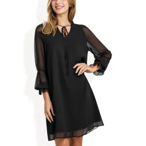 Anna-Kaci Women's A-Line Chiffon Dress with Sheer Sleeves and Tie Neck Detail