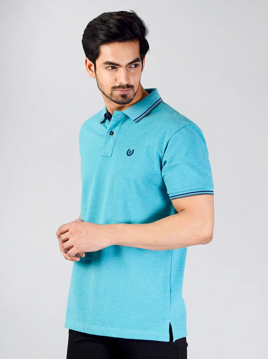 Aqua Blue Solid Slim Fit Polo T-shirt | Greenfibre