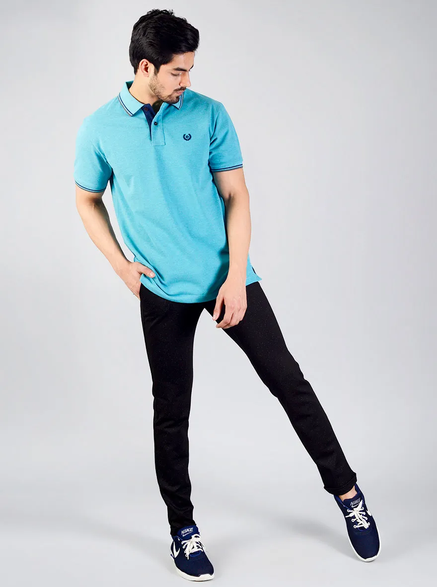 Aqua Blue Solid Slim Fit Polo T-shirt | Greenfibre