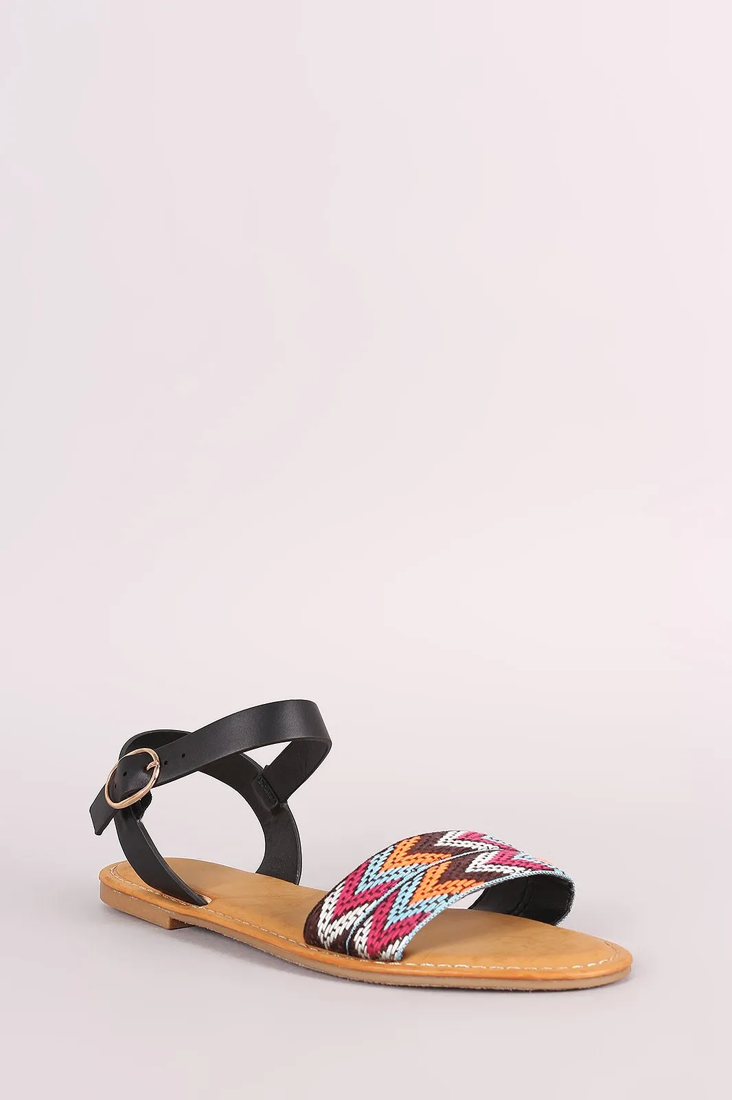 Bamboo Embroidered Chevron Ankle Strap Flat Sandal