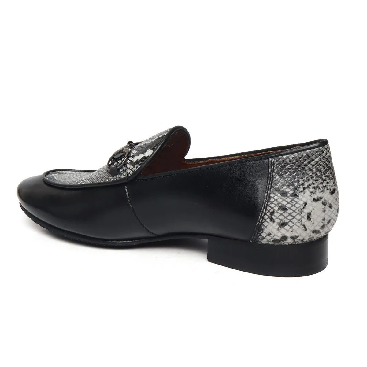 Black Horse-bit Leather Loafers With Snake Print at Vamp