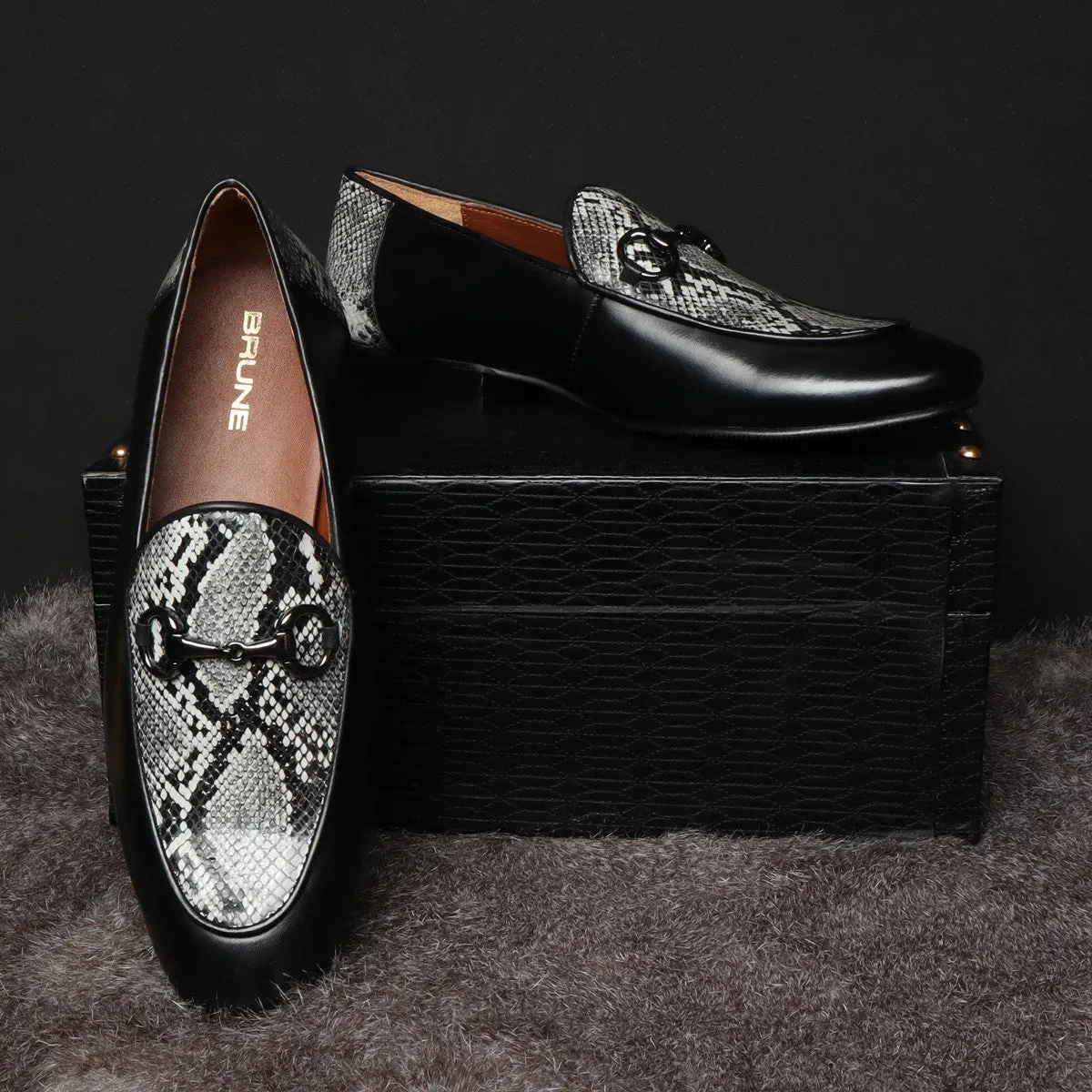 Black Horse-bit Leather Loafers With Snake Print at Vamp