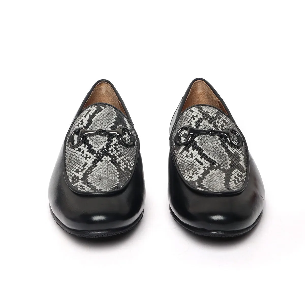 Black Horse-bit Leather Loafers With Snake Print at Vamp