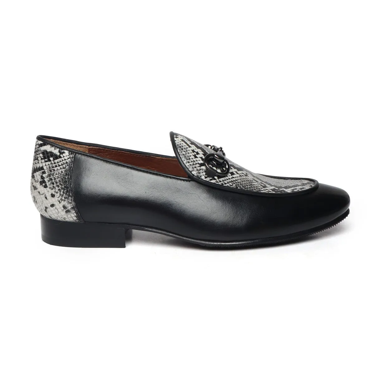 Black Horse-bit Leather Loafers With Snake Print at Vamp