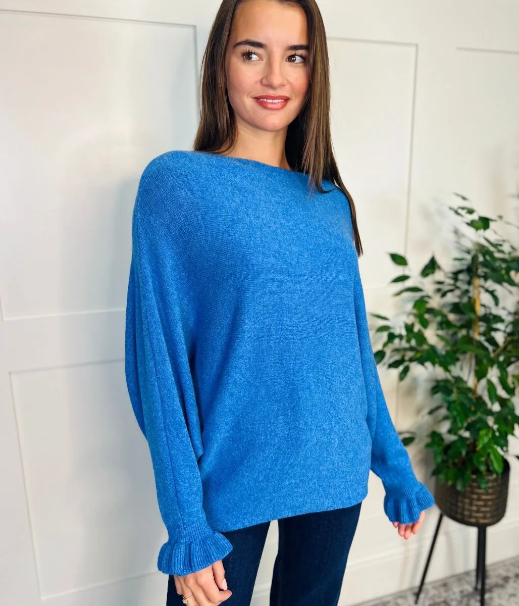 Blue Ruffle Sleeve Batwing Jumper