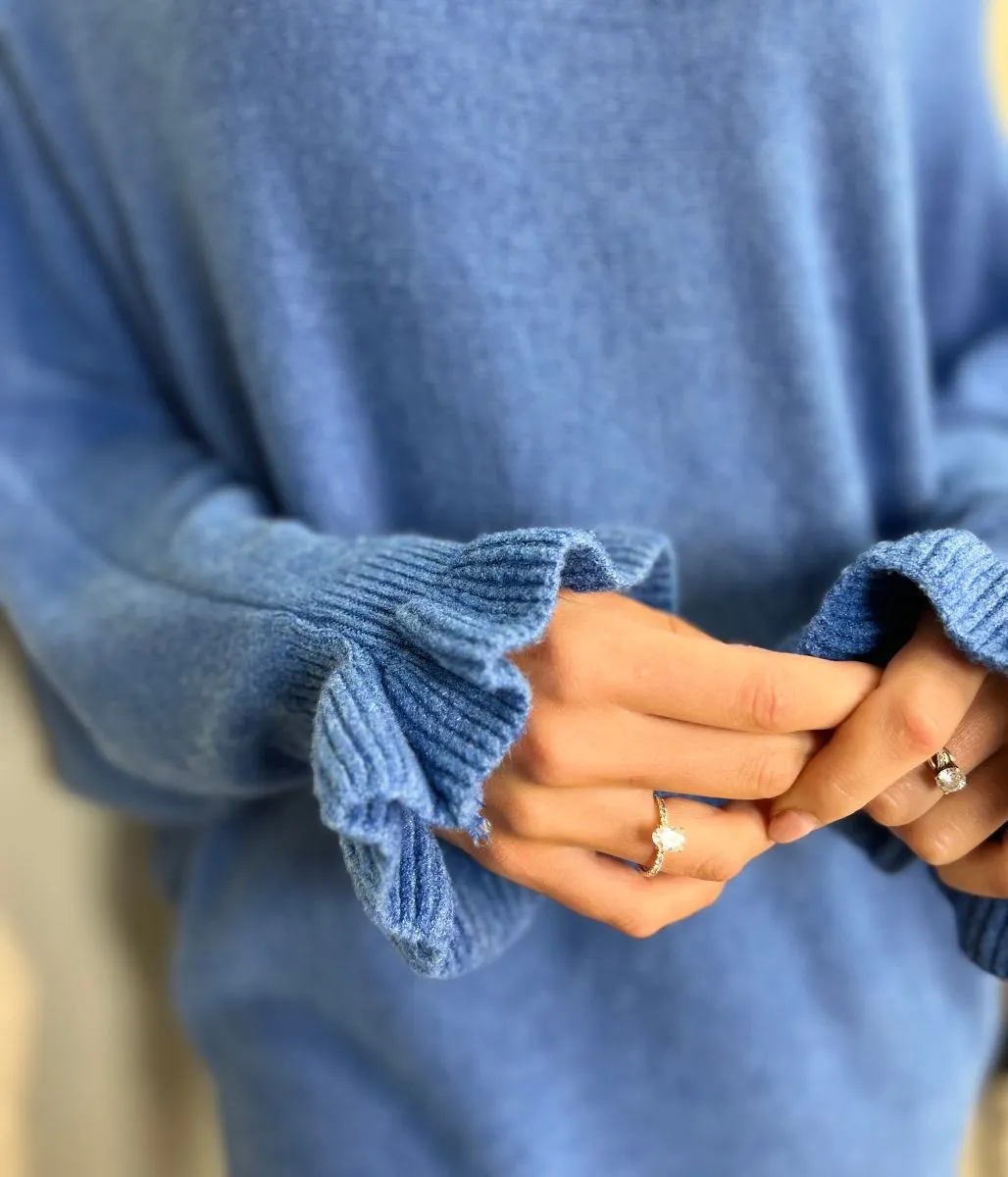 Blue Ruffle Sleeve Batwing Jumper