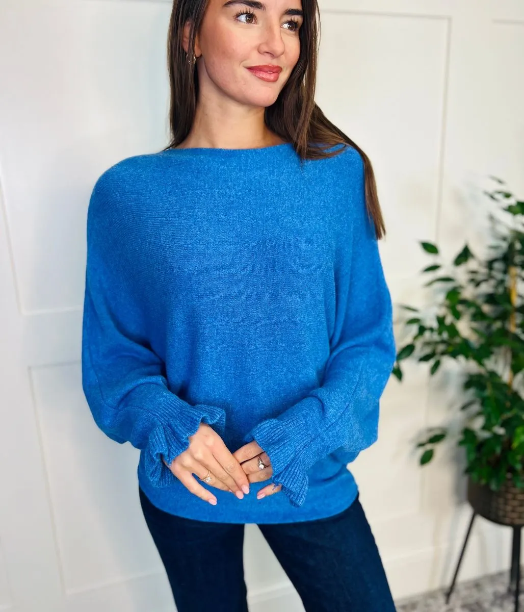 Blue Ruffle Sleeve Batwing Jumper