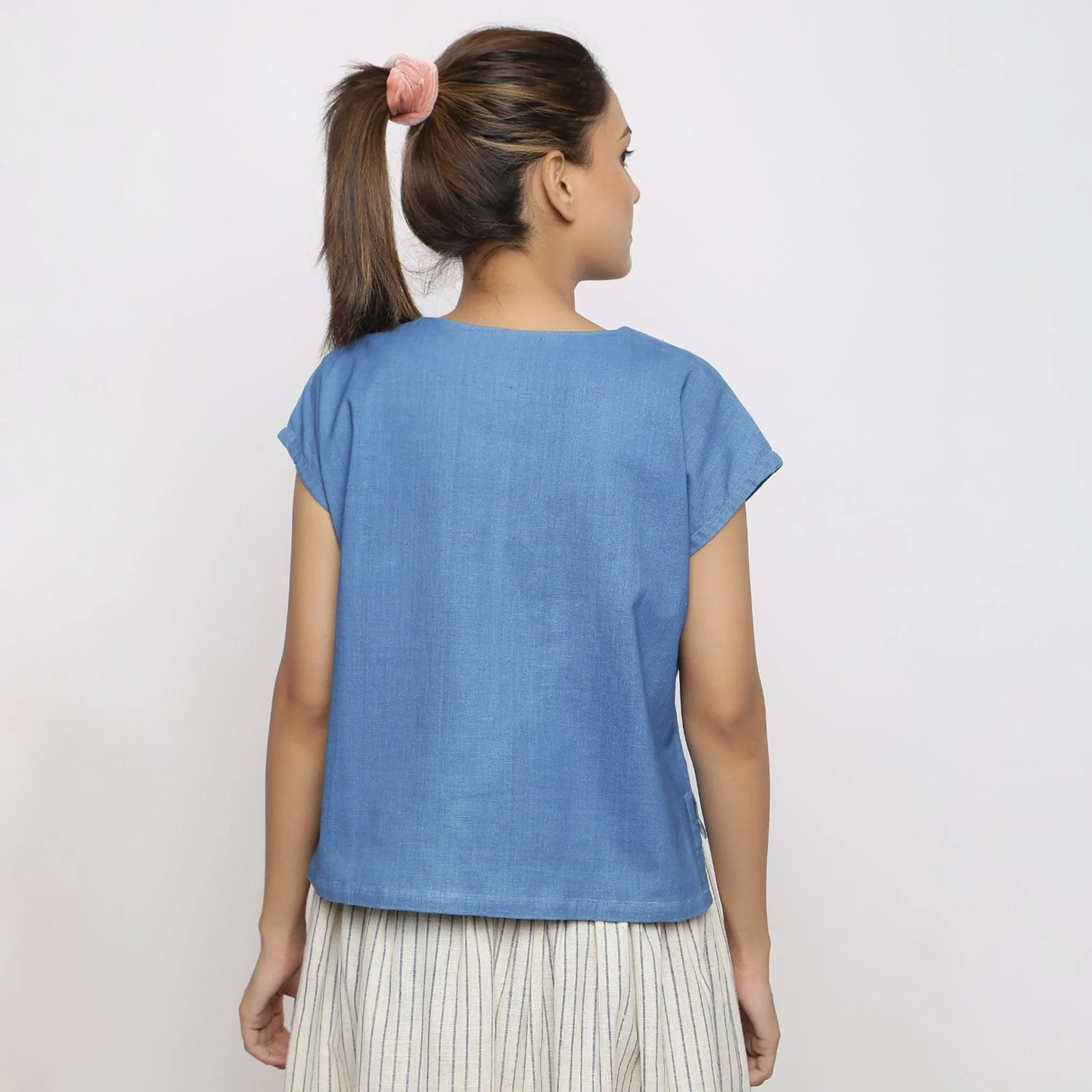 Blue Vegetable Dyed Handspun Cotton V-Neck High-Low Top