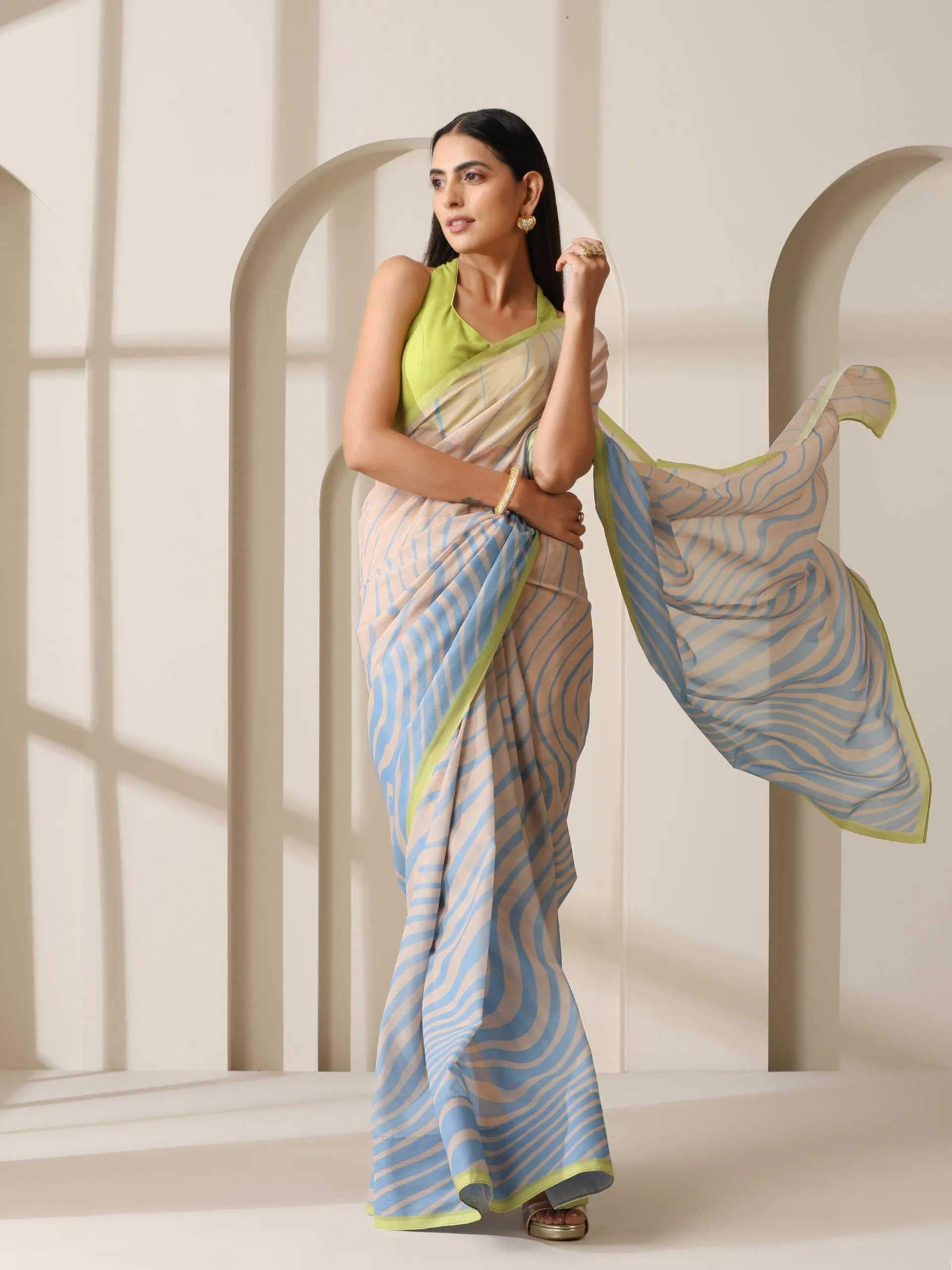 Blue Waves Chiffon Print Saree with Neon Border & Blouse Fabric