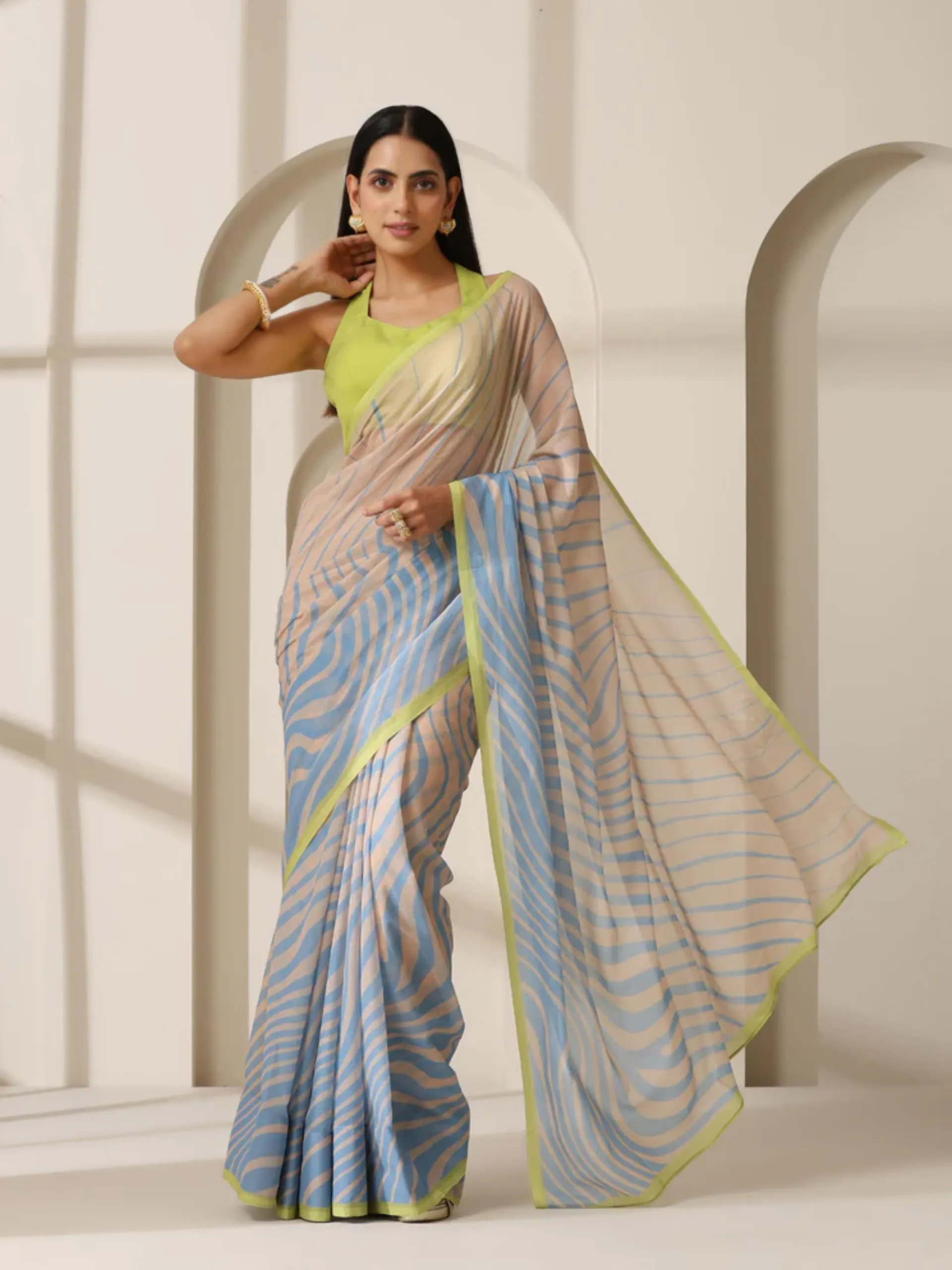 Blue Waves Chiffon Print Saree with Neon Border & Blouse Fabric