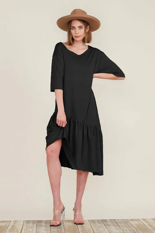 Boat Neck Asymmetrical Ruffle Midi Dress with Short Sleeves and Tiered Hem