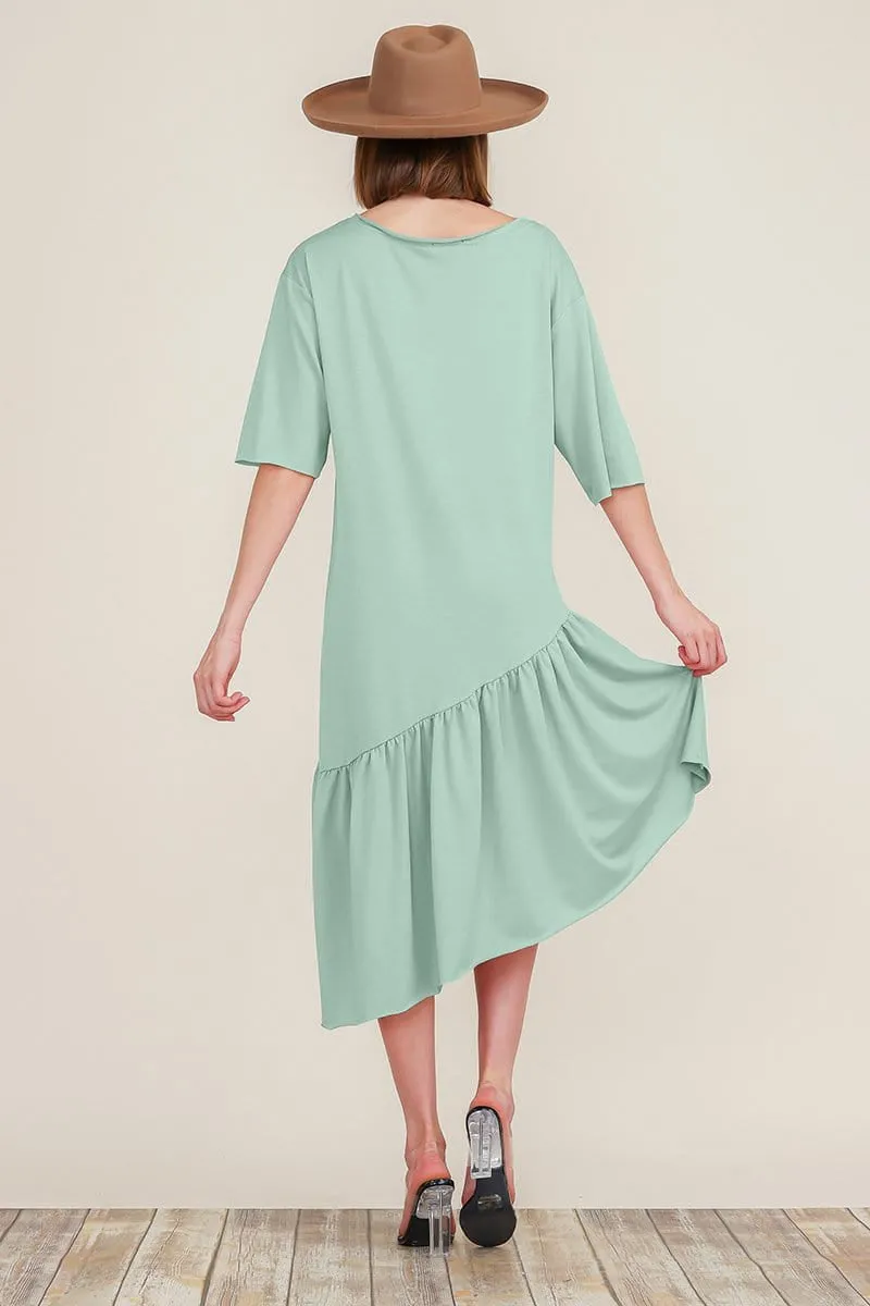 Boat Neck Asymmetrical Ruffle Midi Dress with Short Sleeves and Tiered Hem