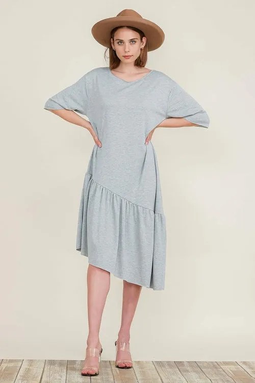 Boat Neck Asymmetrical Ruffle Midi Dress with Short Sleeves and Tiered Hem