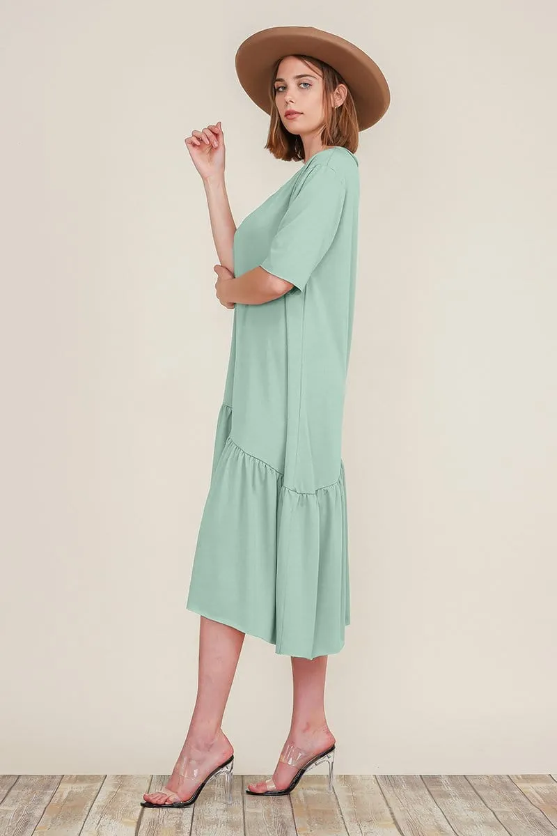 Boat Neck Asymmetrical Ruffle Midi Dress with Short Sleeves and Tiered Hem