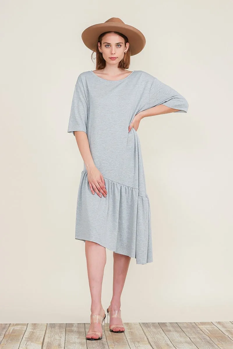 Boat Neck Asymmetrical Ruffle Midi Dress with Short Sleeves and Tiered Hem