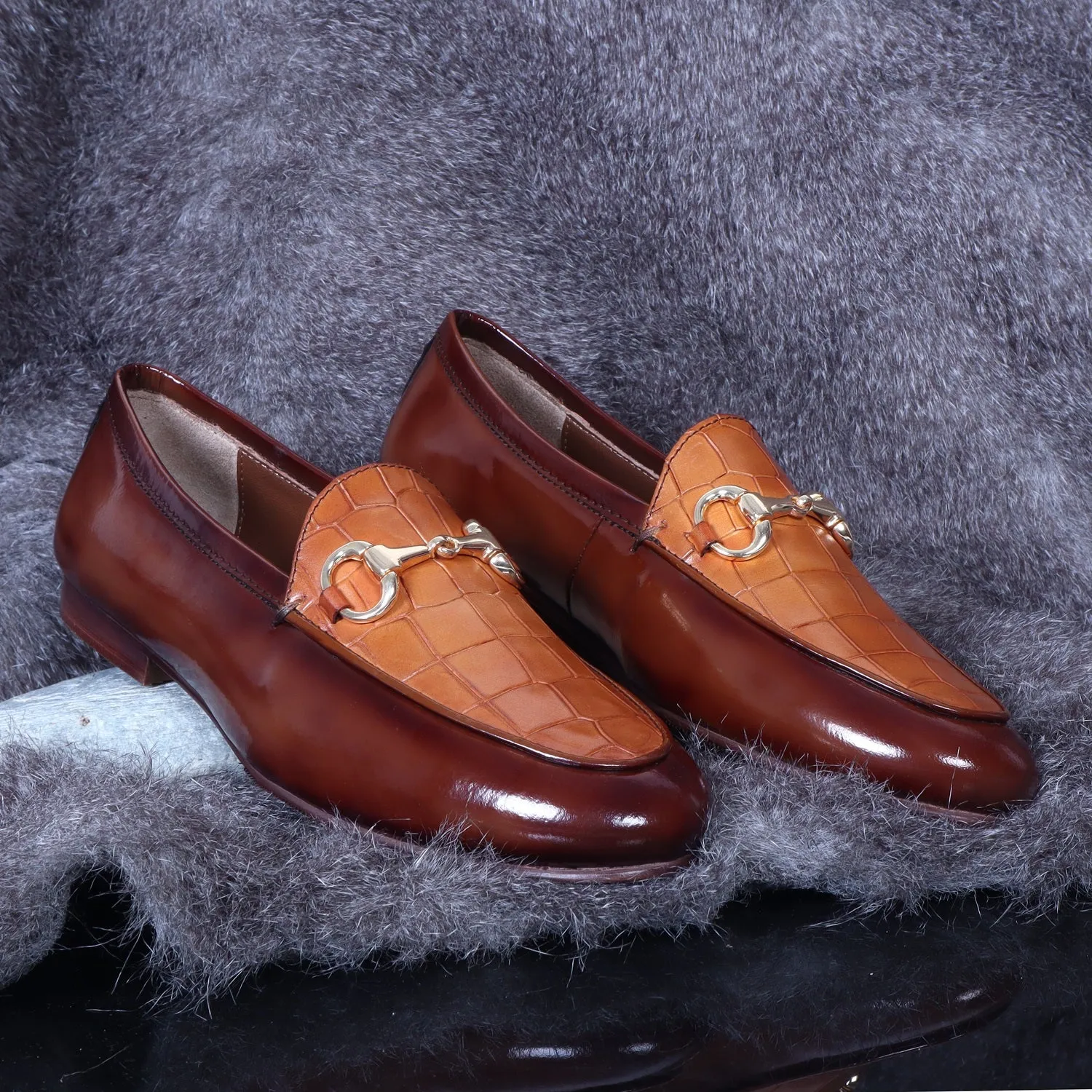 Brown Brush Off Leather Loafers with Tan Deep Cut Croco Leather at Vamp for Ladies by Brune & Bareskin