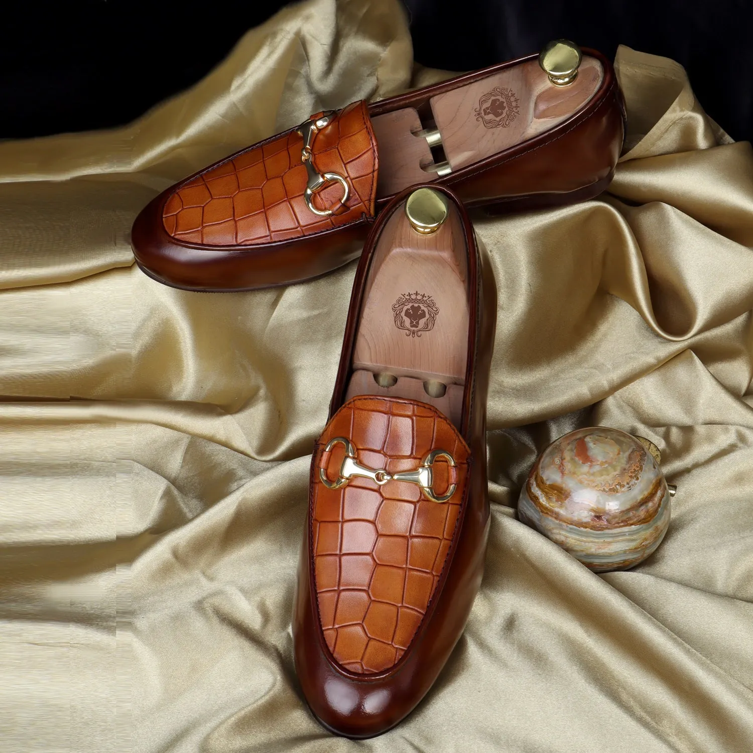 Brown Brush Off Leather Loafers with Tan Deep Cut Croco Leather at Vamp for Ladies by Brune & Bareskin