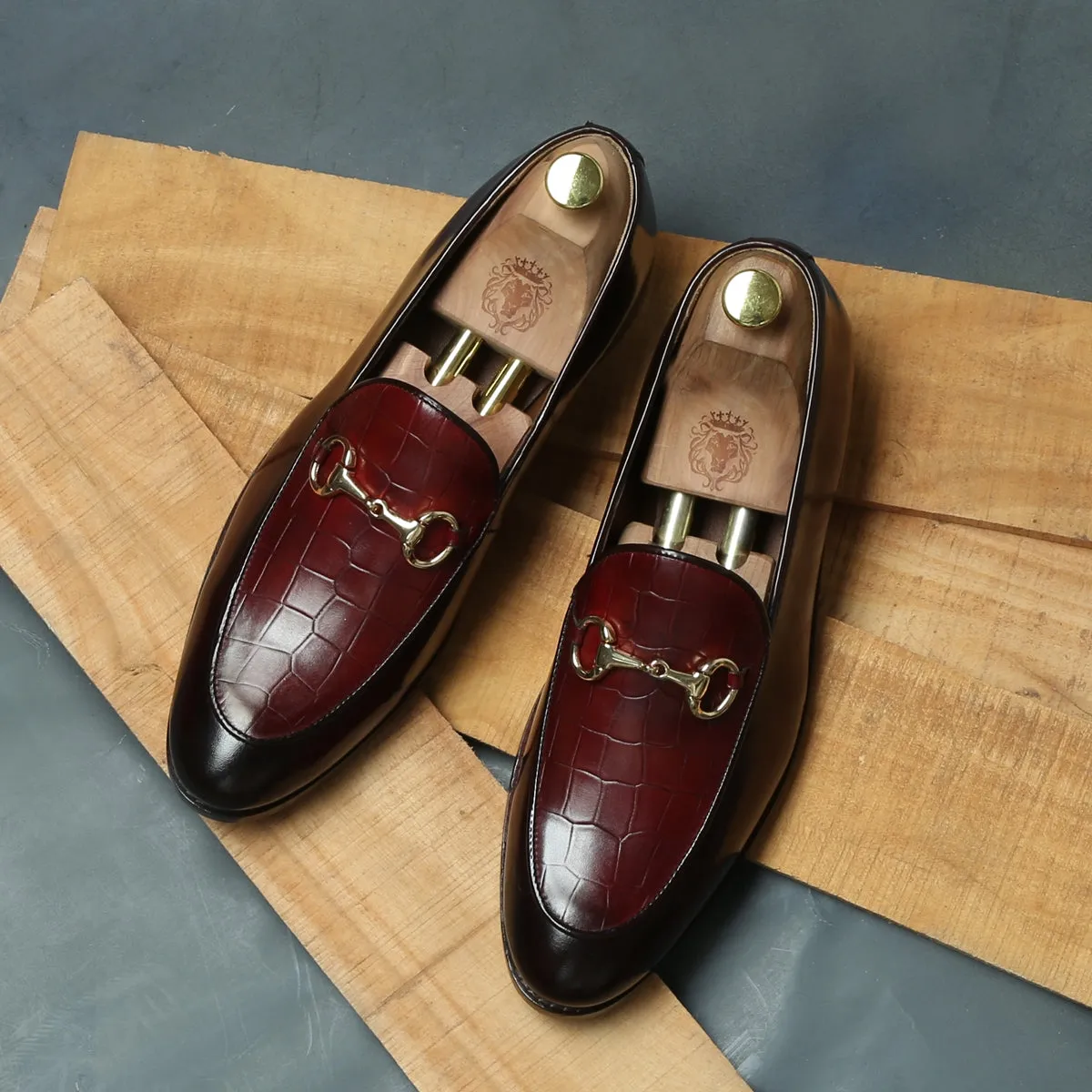 Brown Brush Off Loafers with Wine Deep Cut Leather At Vamp