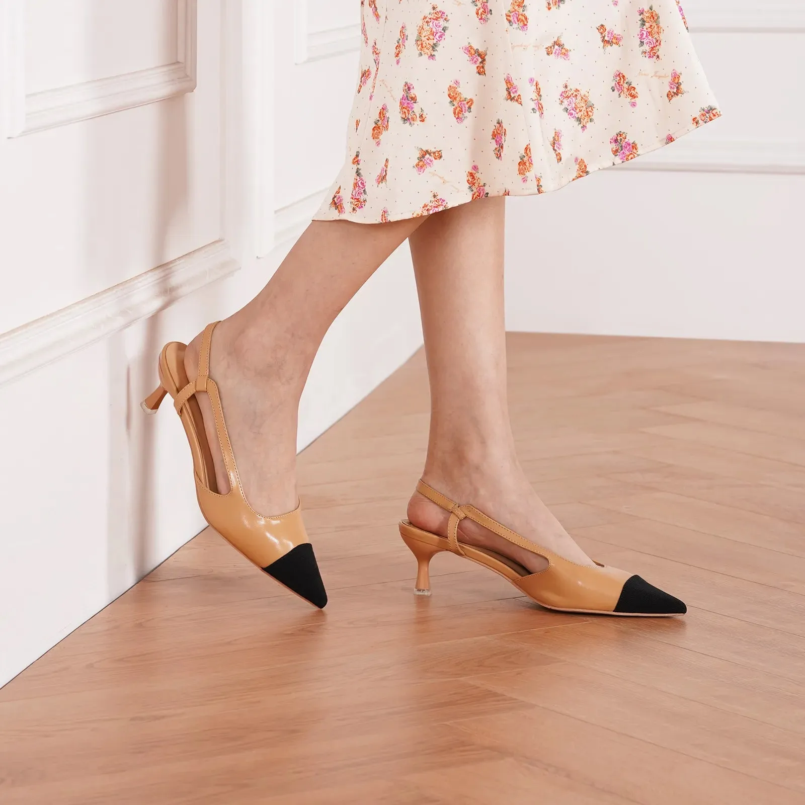 Cap-Toe Slingback Pumps (Helen) Beige