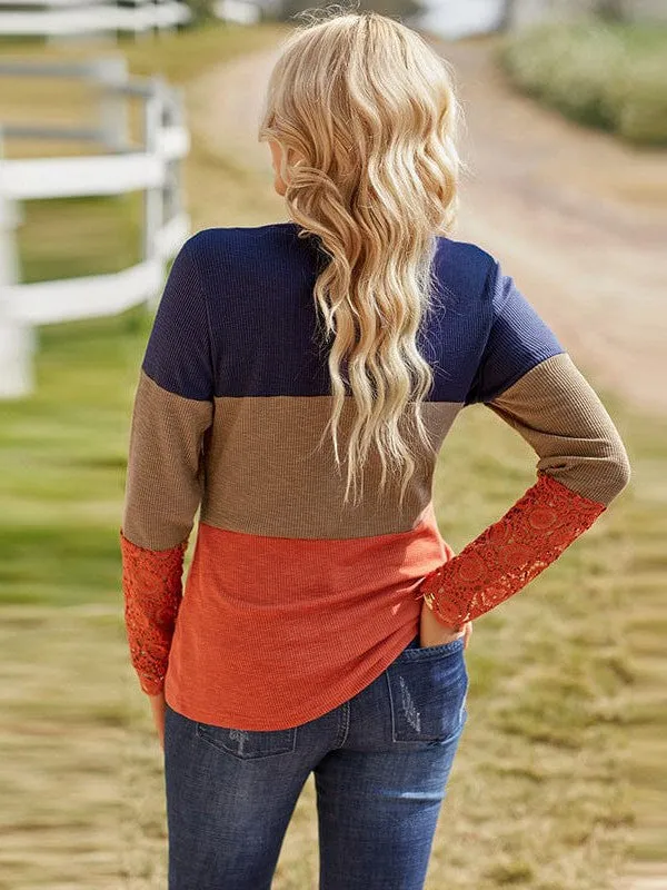 Casual Stylish Boat Neck Color Block Long Sleeve Sweater