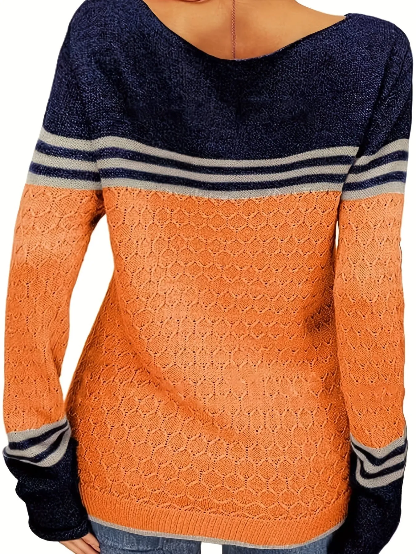 Casual Stylish Boat Neck Color Block Long Sleeve Sweater