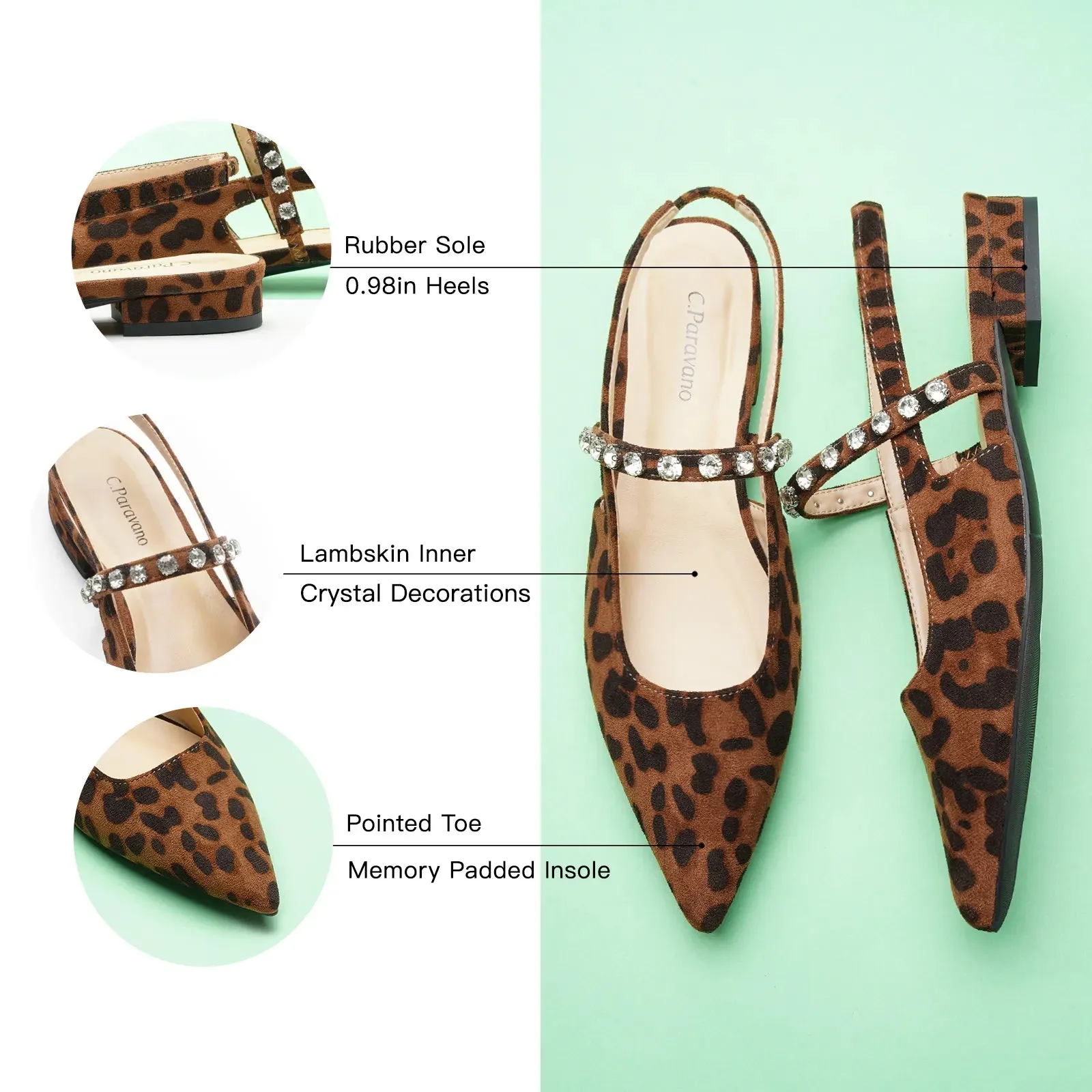 Crystal Strap Slingback Flats (Aida) Leopard