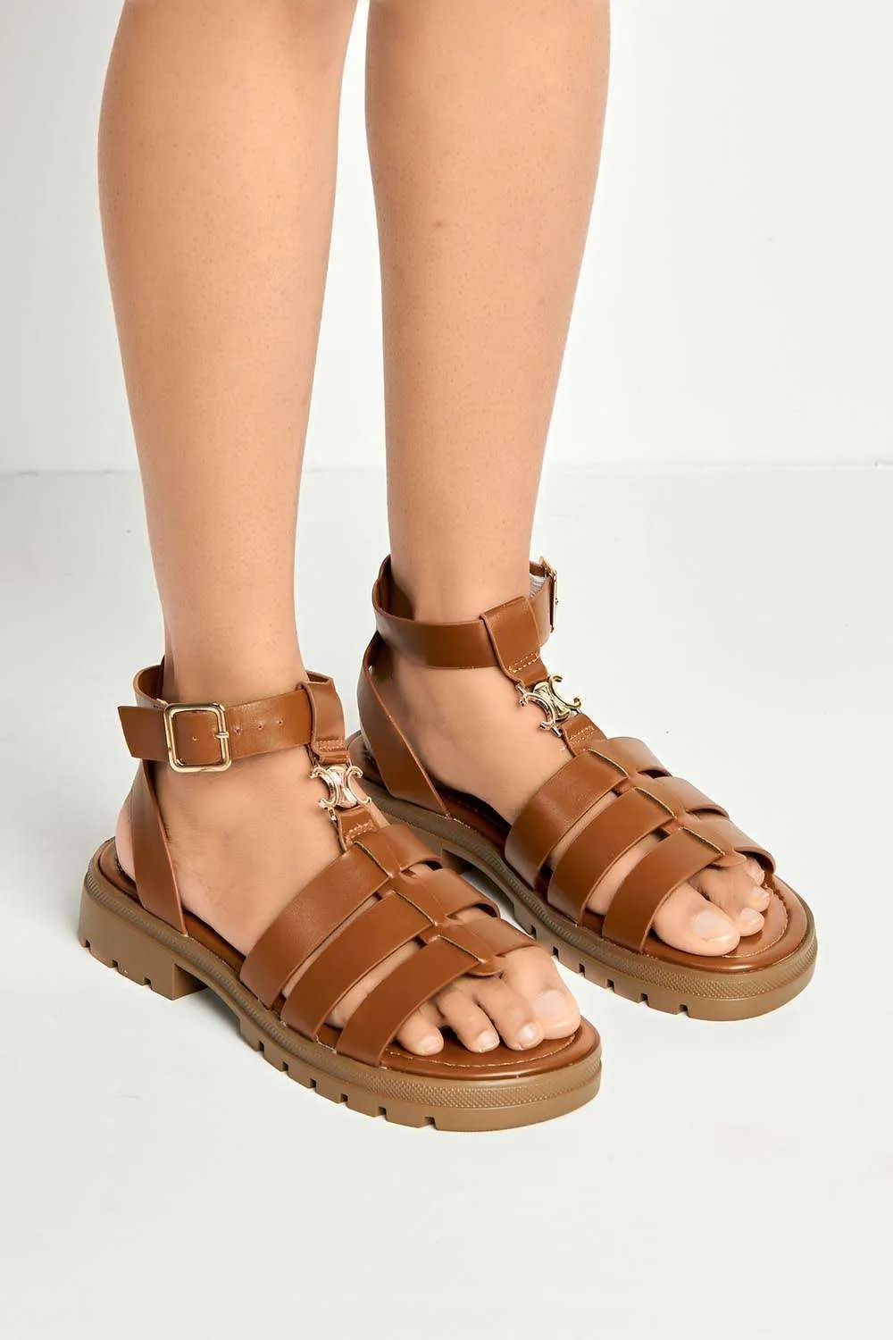 Elenie Anklestrap Flatform Sandals in Tan