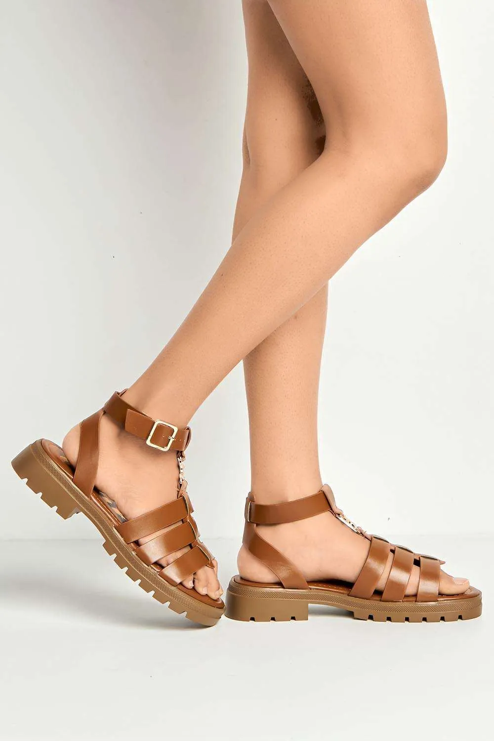 Elenie Anklestrap Flatform Sandals in Tan