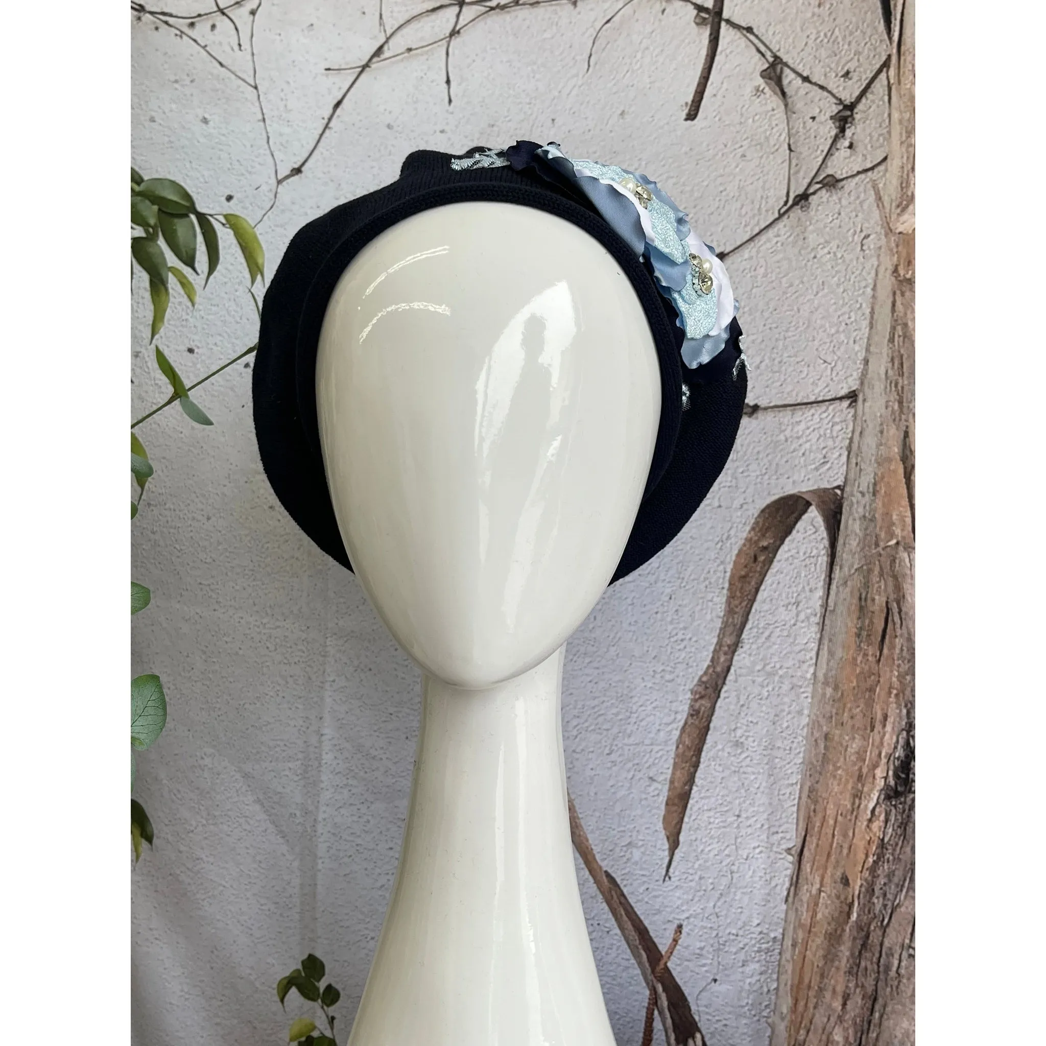 Embellished Cotton Beret - Medium/Large, Navy/Blue