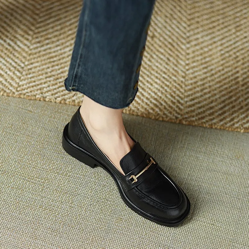 Genuine Leather Loafers For Women Retro Handmade in Black/Green/Brown/Beige