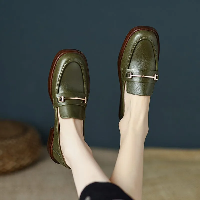 Genuine Leather Loafers For Women Retro Handmade in Black/Green/Brown/Beige