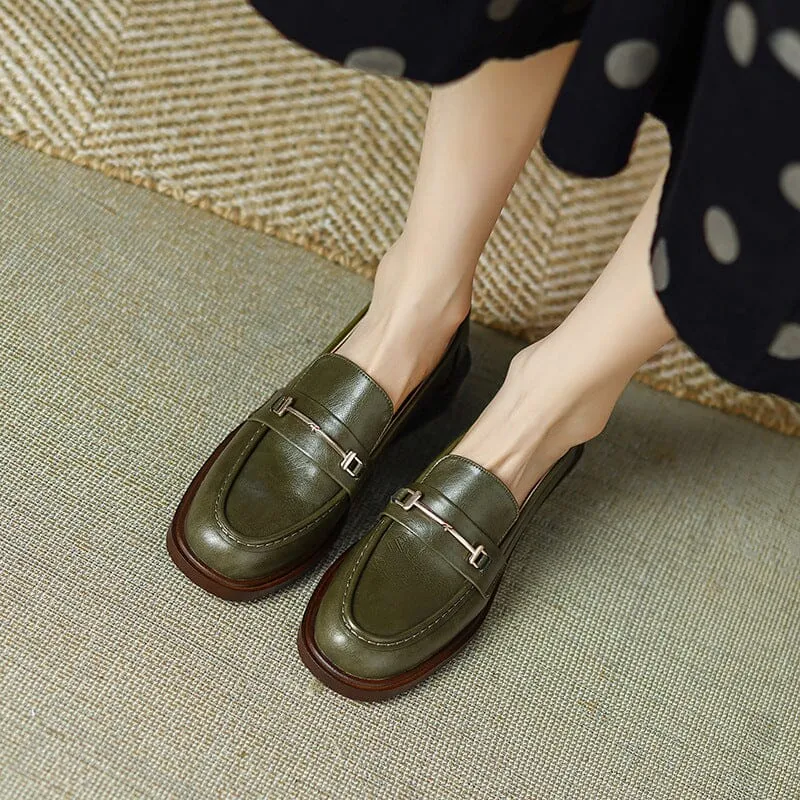 Genuine Leather Loafers For Women Retro Handmade in Black/Green/Brown/Beige