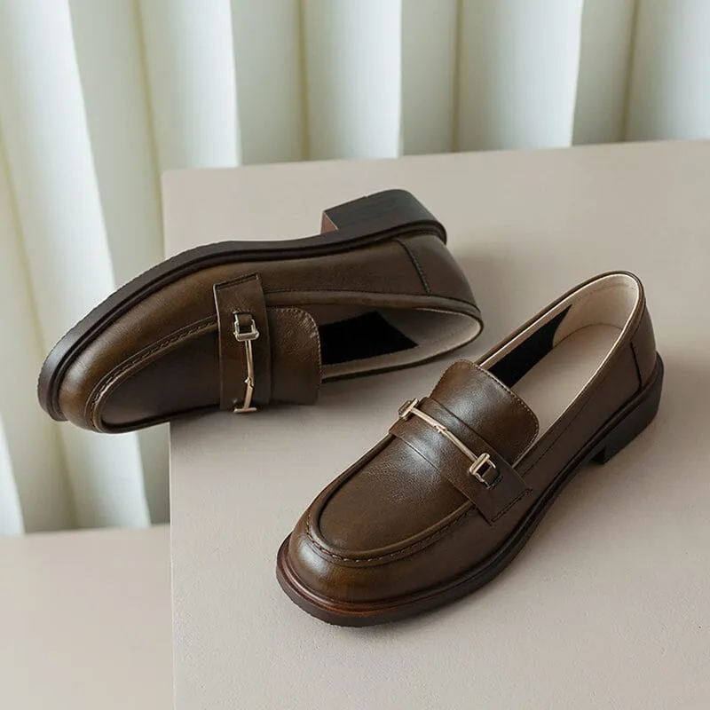 Genuine Leather Loafers For Women Retro Handmade in Black/Green/Brown/Beige