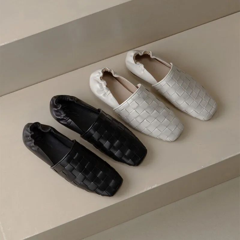 Genuine Leather Weave Loafers for Women in Black/White