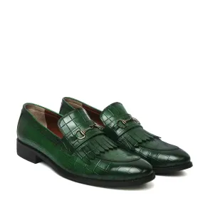 Green Deep Cut Slip-On Shoes with Fringes Horse-bit Buckled