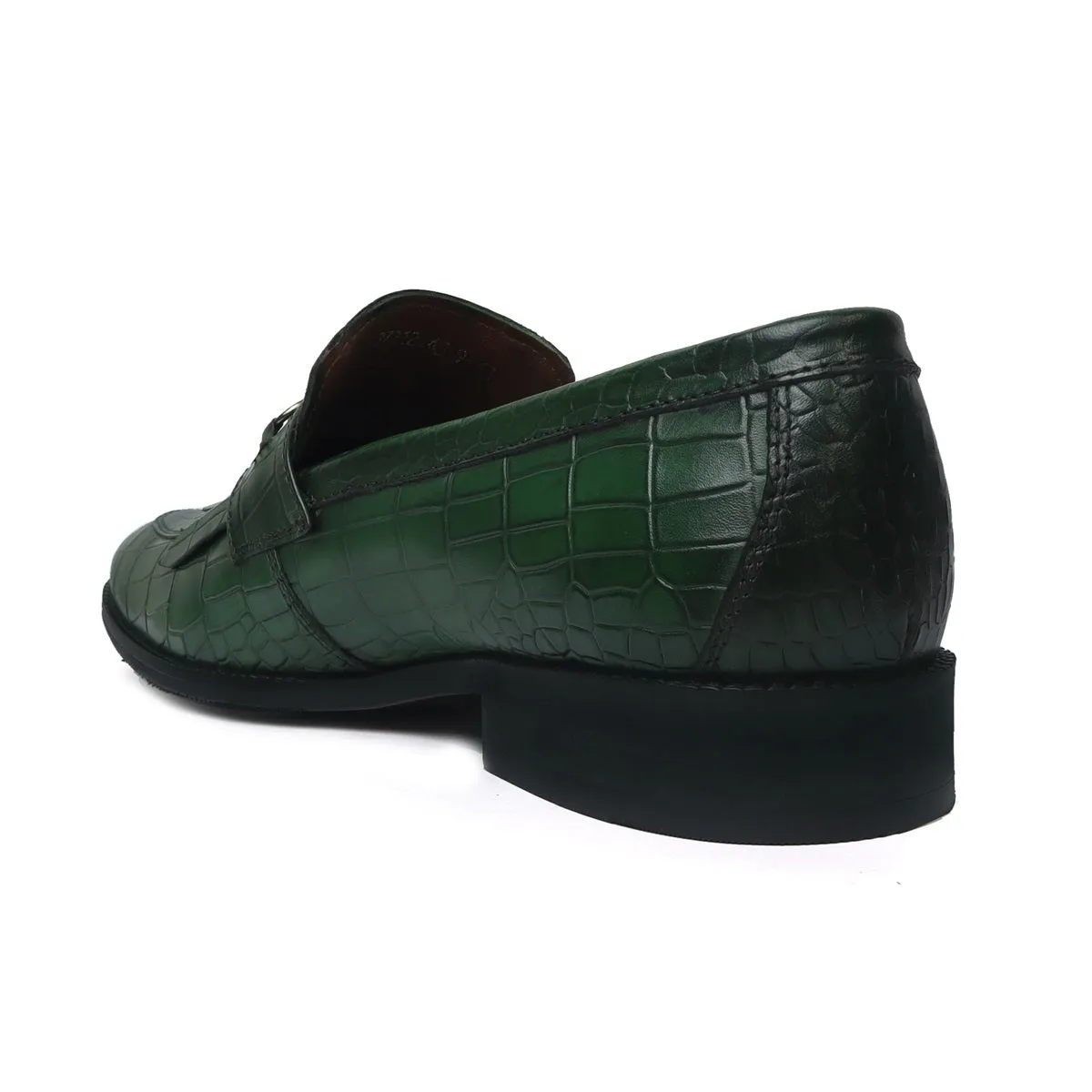 Green Deep Cut Slip-On Shoes with Fringes Horse-bit Buckled