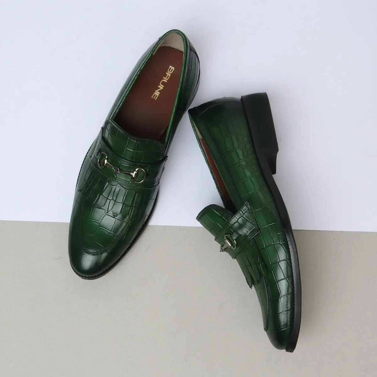 Green Deep Cut Slip-On Shoes with Fringes Horse-bit Buckled