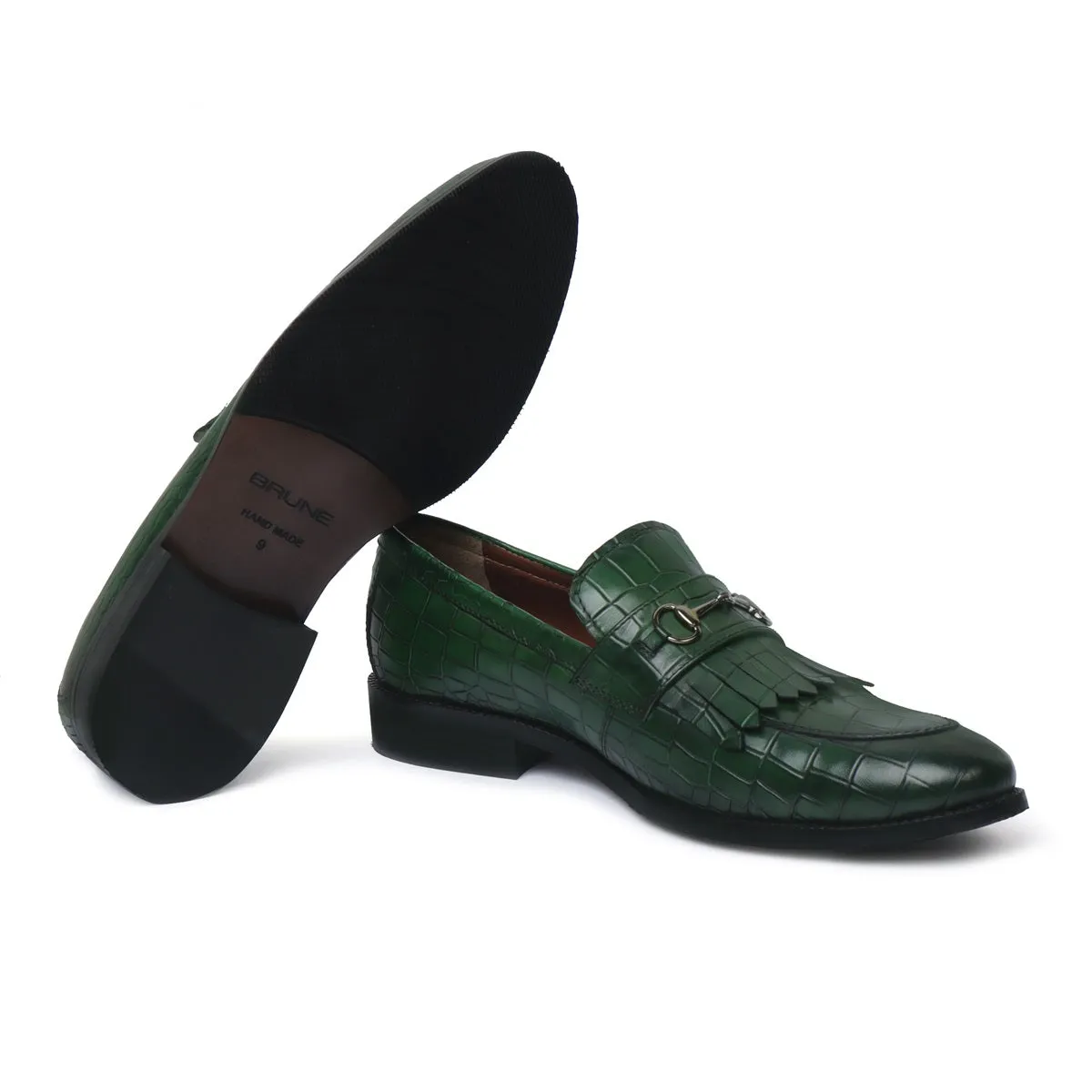 Green Deep Cut Slip-On Shoes with Fringes Horse-bit Buckled