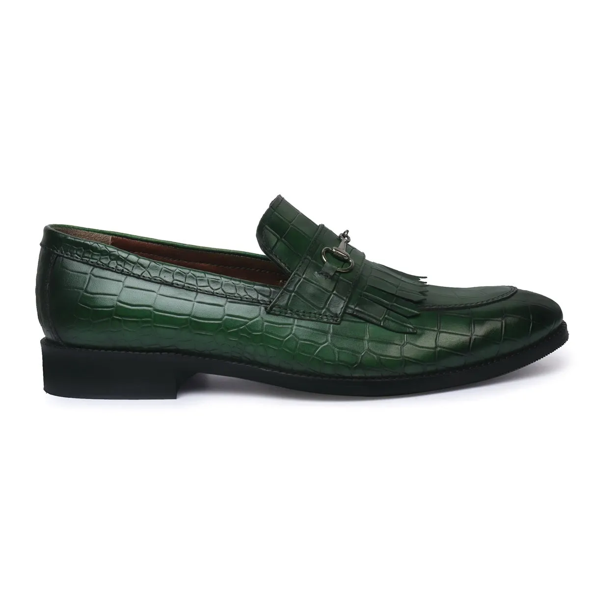 Green Deep Cut Slip-On Shoes with Fringes Horse-bit Buckled