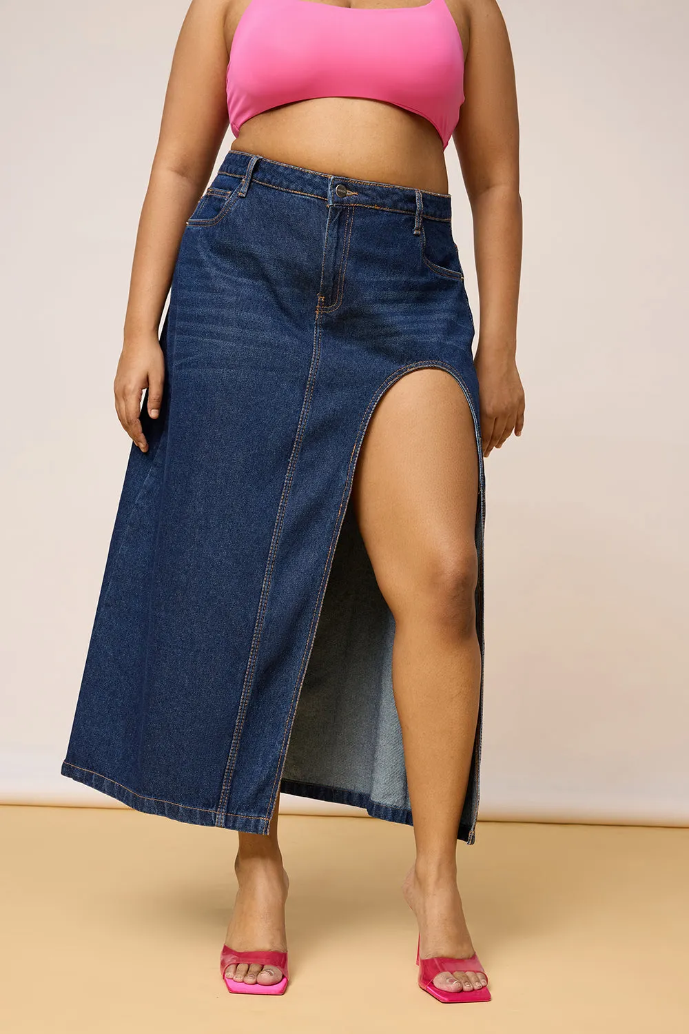 High Cut Blue Curve Midi Skirt