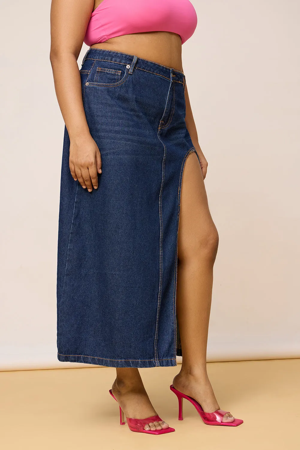 High Cut Blue Curve Midi Skirt