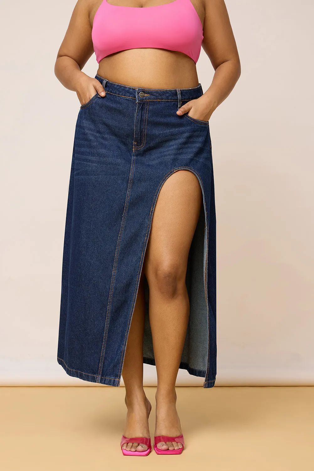 High Cut Blue Curve Midi Skirt