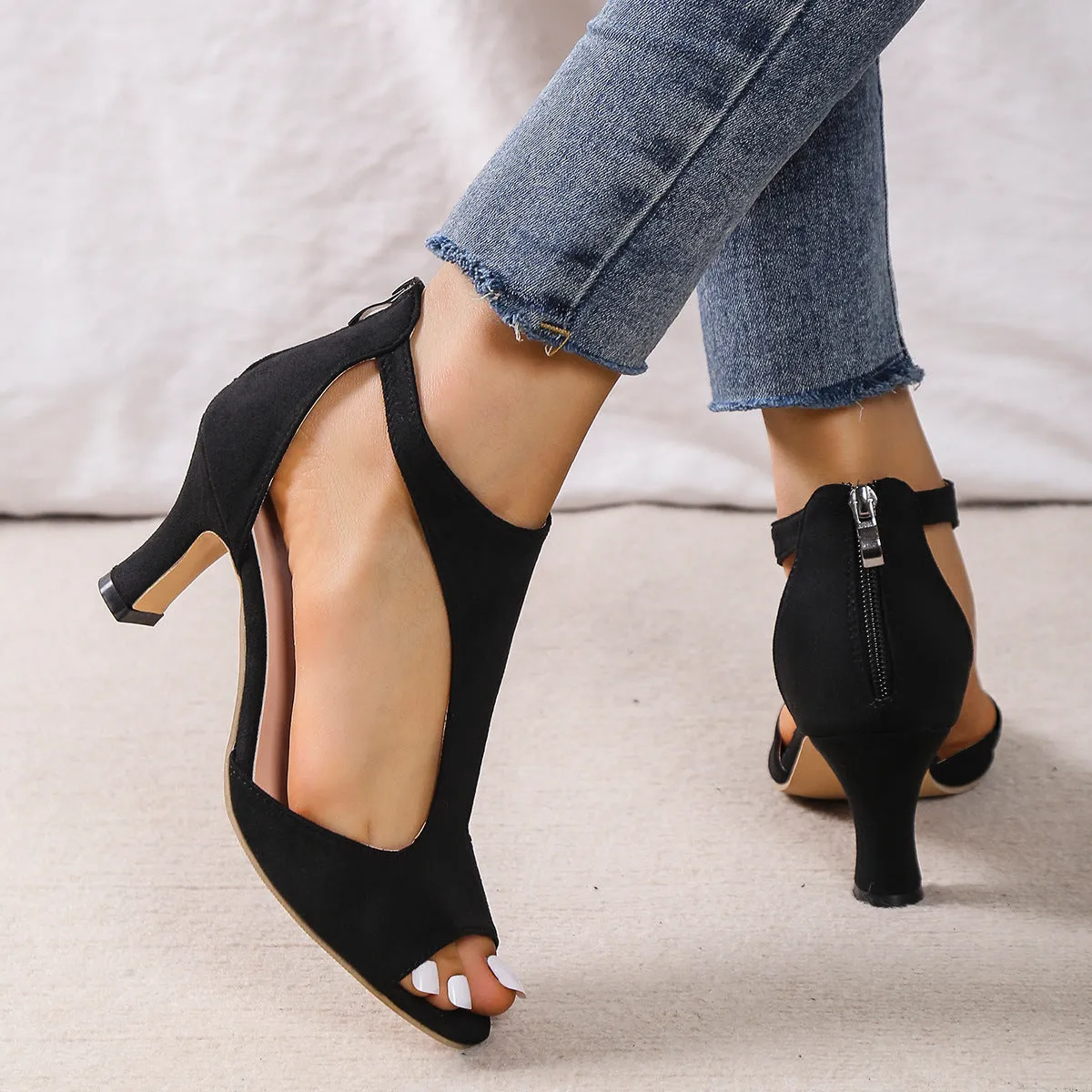 High Heel Peep Toe Sandals with Back Zipper